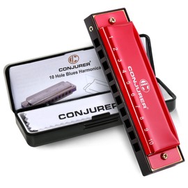 CONJURER CONJURER Blues Harmonica for Kids Adult Beginners 10 Hole Diatonic Harmonica Key of C, Metal Mouth Organ C Key Brass Reed Blues Harp with Case, Red