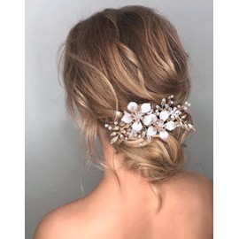 Resweky Braut Hochzeit Blume Haarkamm Perle Blatt Braut Haar Side Kamm Stücke Gold Haar Wedding Haarschmuck Für Frauen Mädchen