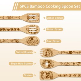 GLOBLELAND 6Pcs Skeleton Bamboo Cooking Utensils Wooden Engraved Cooking Spoons Set Carving Kitchen Bamboo Spatula Set Wood Cooking Spoon for Kitchen Fun House Warming Gift