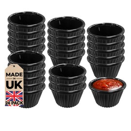 Chabrias Pack of 24 Fluted Traditional Ramekins Condiment Pots, Sauce Ramekins, Dip Bowls, Tough Plastic Sauce Pots, Made in England (Black 1oz)