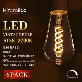 Kiraralite 6 Pack ST19(ST58) LED Edison Bulb, Vintage LED Filament Bulb,Softy White 2700K, Antique Flexible Spiral LED Filament Light Bulb, Dimmable 600LM, 6W Equivalent to 60W, E26 Base,Clear Glass