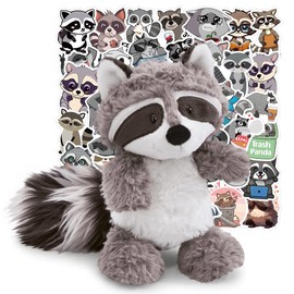 Plush Raccoon Toy, 60pcs Raccoon Stickers,Stuffed Animal Plush Toy,Cute Racoon Toys, Plush Doll Kids Toys Cattoon Plush Toys for Party -28cm