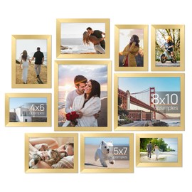 upsimples 10 Pack Picture Frames Collage Wall Decor, Gallery Wall Frame Set for Wall Mounting or Tabletop Display, Multi Sizes Including 8x10, 5x7, 4x6 Family Photo Frames, Gold