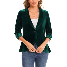 MINTLIMIT 3/4 Ruched Sleeves Womens Velvet Blazer with Ruffle Hem Shawl Collar One Button Closure for Office and Social Occasions (Dark Green L)