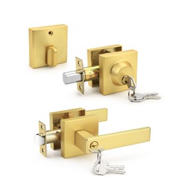 Tinewa Brushed Gold Keyed Alike Front/Exterior Door Lever with Single Cylinder Deadbolt, Satin Brass Entry Door Knob Lock Set Combo Sets, for Entrance/Front and Office Doors,1 Pack