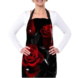 afidomu Kitchen Cooking Apron Red Rose Flower Floral Black Apron Home Baking Chef Apron Waterproof For Women Men 31X27 Inches