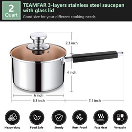 TeamFar Saucepan with Lid, 2 Quart Stainless Steel Tri-Ply Sauce Milk Pan with Heatproof Handle for Cooking/Boiling/Braising, Fit for All Stoves, Healthy & Heavy Duty, Dishwasher Safe
