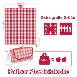 Fosoloni Picnic Blanket XXL 200 x 200 cm, Picnic Blanket, Red Check, Portable Bath Blanket with Carry Handle, Waterproof Sandproof for Garden, Picnic, Beach, Camping, Beach Blanket for 6-8 People