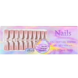 150Pcs Nude White Ombre Press on Nails Long Coffin Fake Nails In15 Sizes 3 IN 1 Soft Gel Nail Tips Pink White Gradient Glossy Reusable Acrylic Nails No Need to File False Nails for Women Manicure