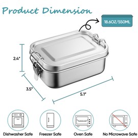 TeamFar Stainless Steel Bento Box, 18.6oz/550ML Metal Small Bento Lunch Box Container, Kids Prep Food Container for Home/School/Travel, for Meal/Fruit/Snack, Leak-Proof & Dishwasher Safe