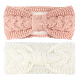 Telgoner Women's Winter Headband, 2 Pieces, Knitted Headband, Ear Warmers, Elastic, Thick Headwrap Headband for Women / Girls (White + Pink)