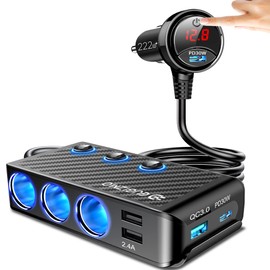 EUGIZMO Cigarette Lighter Adapter, 222W 3 Socket Car Cigarette Lighter Plug USB Charger Multi Port 12V Car Plug Outlet Splitter with LED Voltage Display Independent Switches