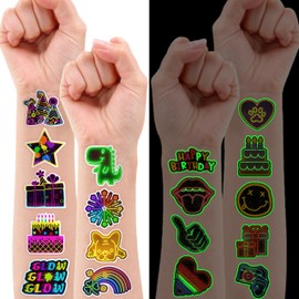 Neon Temporary Tattoos Theme Birthday Party Decorations Supplies Favors Decor 96 PCS 8 Sheets Cute Tattoo Stickers (Luminous)