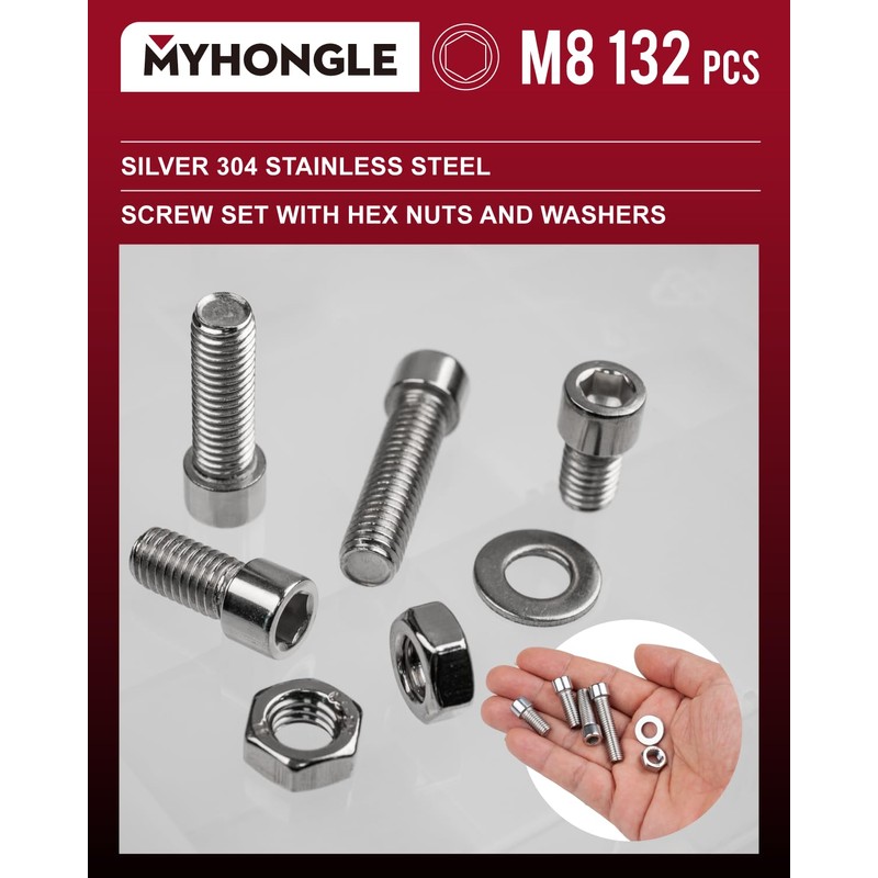 132 Piece M8 Screws Set, Stainless Steel Cylinder Screws with