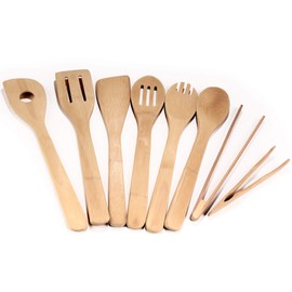 BambooMN Organic Bamboo Utensil Set Spatula Spoon Tongs - 8 Piece