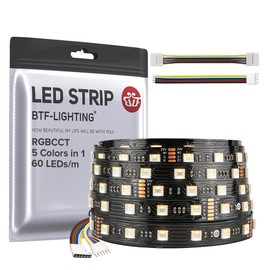 BTF-LIGHTING RGBCCT 5 Colours in 1 5050SMD LED Strip DC24V 5M 60LEDs/m 300LEDs RGB + Warm White + Cool White Black PCB IP30 Non-Waterproof for Indoor Decoration (Controller and Power Supply Not