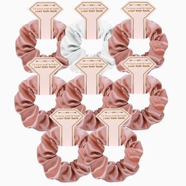 Loanzeg Satin Bridesmaid Scrunchies Bachelorette Hair Ties Set of 8 Bridal Shower No Damage Hairties ideas Gift for Wedding Party Favors Bridesmaid Proposal Gifts (8pcs White&Rose Gold)