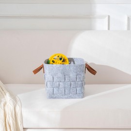 10 Inch Cube Storage Basket 3 Pack, Blanket Baskets with Leather Handle, Felt Fabric Storage Bin for Shelves,Square Baskets for Toys Nursery Living Room,Light Grey