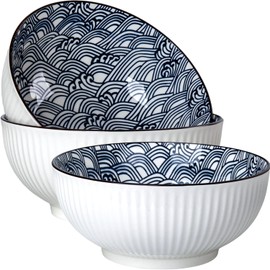 Zscera 60 oz Large Soup Bowls, 8 Inch Large Pho Bowls, Blue and White Ceramic Japanese Ramen Bowls Set of 3 - Wave Pattern
