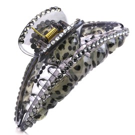 Gorgeous Leopard Print Mid-size Hair Claw Jaw Pin Butterfly Clip Grey Pave Rhinestones Hair Styling Accessories Gift for Women Girlfriend Mom