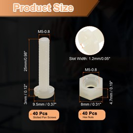 sourcing map 40Sets Nylon Screw Nut Assortment, M5-0.8x25mm Slotted Pan Head Screws & M5 Hex Nuts for Machinery, Electronics, White