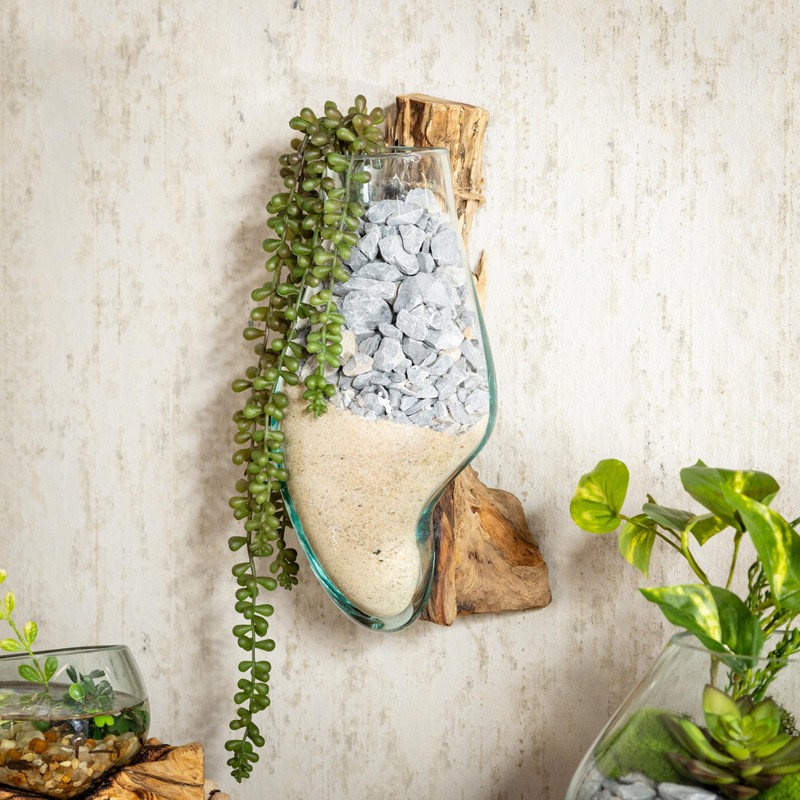 Cape Craftsmen Wall Mounted Molten Glass Hanging Terrarium on Driftwood,