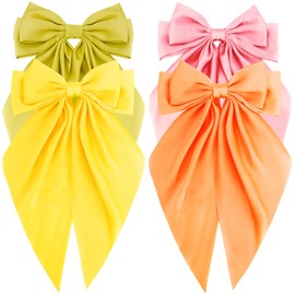 Atoden Hair Bows Silky Satin Bows for Hair Ribbons 4Pcs Coquette Oversized Long Tail Hair Bow Clips Barrettes Big Bowknot Hair Accessories for Women Girl Trendy Stuff Gifts (Yellow Orange Pink Green)