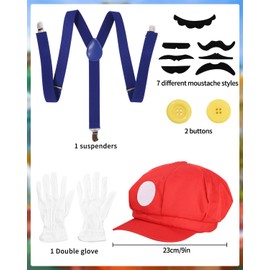 Mario Cosplay Costumes for Children, Hat for Adults, 2 Yellow Buttons, 7 Pieces Sticky Moustache, White Gloves, 1 Strap, Cosplay Costumes for Men, Women, Suitable for Party Theme, Holiday Play,
