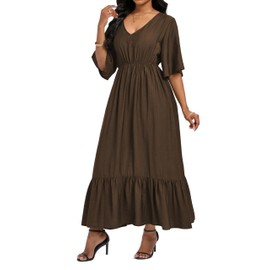 Ystguic Women Fall Summer 3/4 Sleeve Long Maxi V Neck Aline Empire Waist Dresses for Seniors Ladies Rayon Viscose 2025 with Pockets for Casual Medium 024 Coffee M
