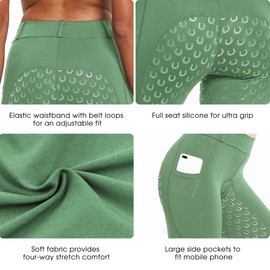 FitsT4 Sports Women's Full Seat Riding Tights Active Silicon Grip Horse Riding Tights Equestrian Breeches Cream Green Size M