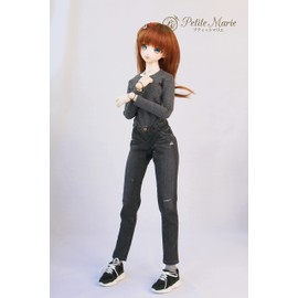 Petite Marie 1/3 DD Compatible Okayama Processing Damaged Boyfriend Jeans Black Kojima Processing Jeans Distressed Low Rise Roll Up Stretch Denim Vintage 23.6 inches (60 cm) Doll BJD Doll Clothes