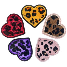 CY 5Pcs Iron on Patches Leopard Heart Shaped Embroidered Kawaii Applique Sew On Fashion Accessories Cute Patches DIY Decoration for Repairing Clothes Jeans Hats Backpacks Jackets,5Colors