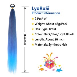 LyoRuSi Braid Ponytail Extension with Elastic Tie Straight Sleek Wrap Around Braid Hair Extensions Ponytail Natural Soft Synthetic Hairpiece Blue gradient 26 Inch(Black/Blue/Light Blue#)