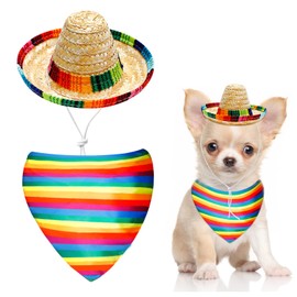 Dog Sombrero Hat and Dog Triangle Scarf Bib, Multicolored Sombrero Costume Rainbow Mouth Towel for Small Pets Mexican Party Decorations