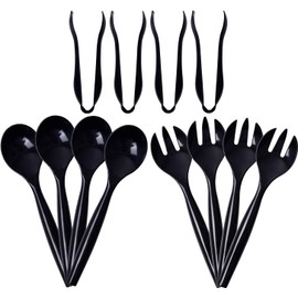 Supernal 72pcs Plastic Serving Utensils Heavy Duty Disposable Serving Tongs Black Disposable Serving Set 10" Spoons 10" Forks 6" Tongs Each 24pcs