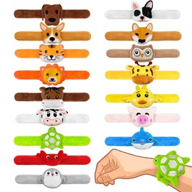 XIPEGPA 16 PCS Stuffed Animal Slap Bracelets Set Animal Farm Ocean and Jungle Plush Slap Bracelets Cute Wrist Band Toy for Party Favors 16 Styles