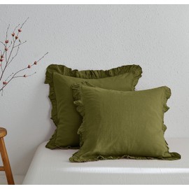 Simple&Opulence 100% Linen Euro Sham Covers with Ruffle, 26x26 Inch Pillow Covers Set of 2, Euro Pillow Shams for Bed Couch French Home Decor Luxury and Breathable Square Pillow Cases, Olive Green