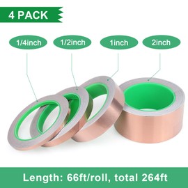 BOMEI PACK Copper Foil Tape 4 Pack (2inch, 1inch, 1/2inch, 1/4inch x 66ft) with Conductive Adhesive for Guitar and EMI Shielding, Crafts, Soldering, Electrical Repairs, Grounding