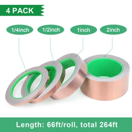 BOMEI PACK Copper Foil Tape 4 Pack (2inch, 1inch, 1/2inch, 1/4inch x 66ft) with Conductive Adhesive for Guitar and EMI Shielding, Crafts, Soldering, Electrical Repairs, Grounding