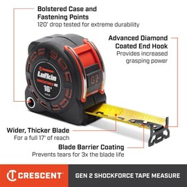 Lufkin 16-inch Shockforce G2 Tape Measure, L1216-02, Cylindrical Lock, Alloy Steel Blade and Case, 3x Blade Life, Diamond-Coated End Hook