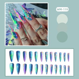 Press on Nails Almond Pointed Long Full Cover Acrylic Almond French False Nails with Designs Artificial Almond Fake Nails with Charms Glue ons Fingernails Almond Shaped Nails for Women Girls(WM119)