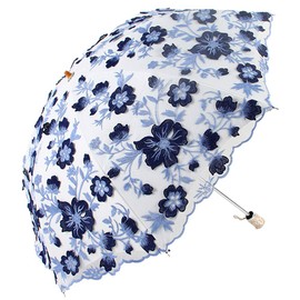 Honeystore Vintage Lace UV Sun Parasol Folding 3D Flower Embroidery Umbrella bm2001 Navy