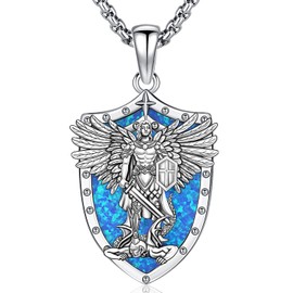 Saint Michael Necklace for Men Sterling Silver St. Michael the Archangel Sheild Pendant Necklace St Michael Medal Amulet Talisman Jewelry Birthday Fathers Day Jewelry