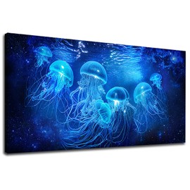 NINEASO Blue Jellyfishes Canvas Wall Art - Marine Life Pictures for Wall Decor Ocean Underwater World Canvas Painting Sea Scenery Canvas Print Artwork for Living Room Home Office Decoration 20" x 40"