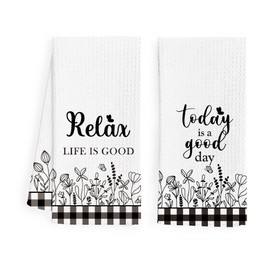 Black and White Floral Inspirational Kitchen Towels Set of 2, Life is Good Dish Towels Tea Towels for Kitchen, Today is a Good Day Hand Towels for Bathroom, Relaxation Gifts for Women, 16x24 Inch