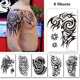 Large Tribal Temporary Tattoos, Big Totem Tattoo Stickers for Men Guys Waterproof Arm Fake Tattoo for Rave Party Makeup, 6-Sheet
