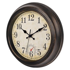 jomparis 30 cm Outdoor Wall Clock with Thermometer Outdoor Wall Clock Waterproof and Weatherproof for Garden Patio Pool Patio (Bronze)