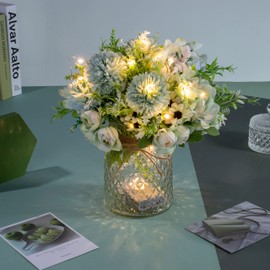 KELINGO Artificial LED Green Rose Flowers with Glass Vase, Remote Control Led Light, Flower Arrangement for Table Centerpiece, Home Office Wedding Decoration