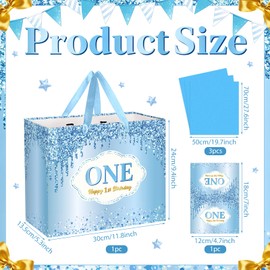 1st Birthday Gift Bag for Baby Boys Girls Happy First Birthday Gift Bag with Card Wrapping Paper Blue 1st Bday Party Decorations for One Year Old Kids Parents Newborn Baby Shower Party Supplies