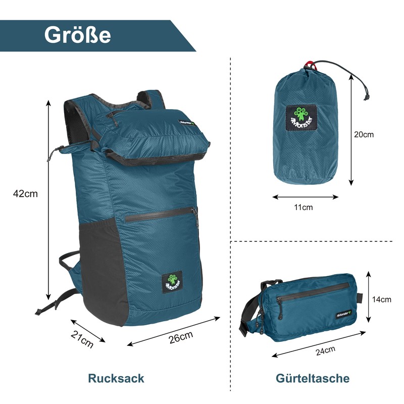 4Monster Foldable Backpack, Ultra Light, Unisex Daypack, Outdoor, 2-in-1 Belt